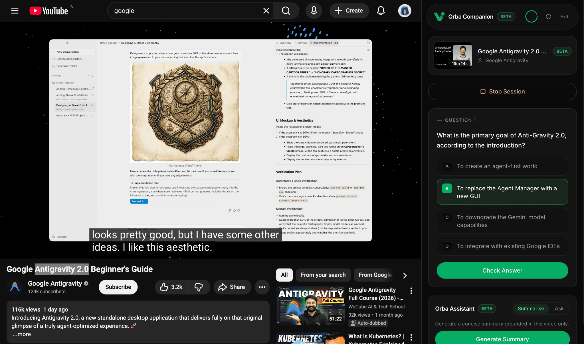 Orba Companion quiz pausing YouTube video